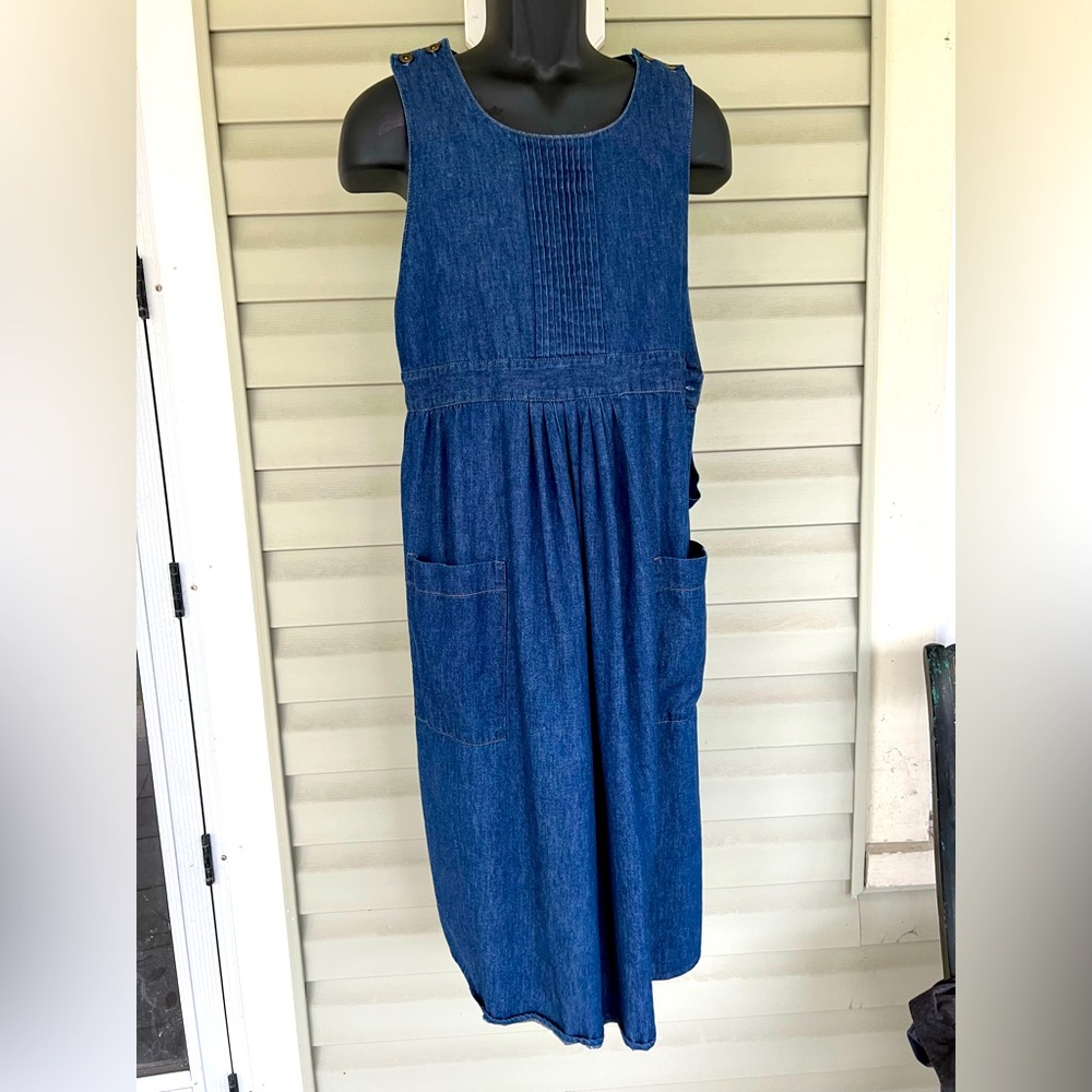 J Michelle Denim Dress Two Pockets Side Button Sleeveless Sz 13/14 Vintage USA